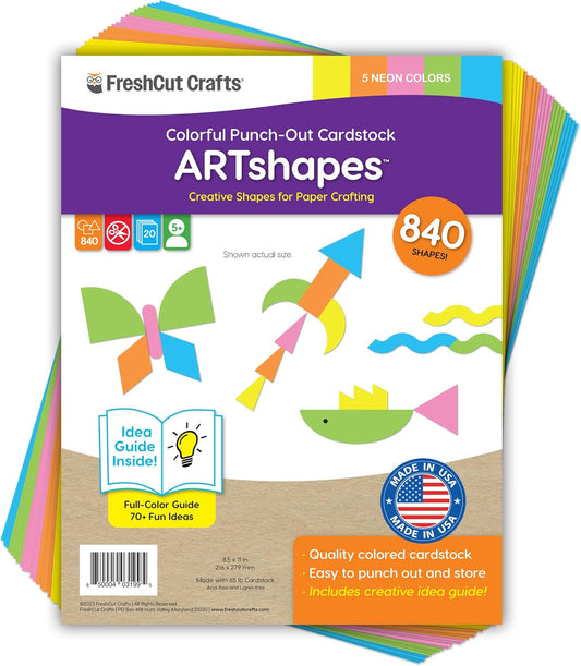 ARTshapes 840 pc Creative Paper Shapes Pack with 70+ Idea Guide - US Made Card Stock - Punch Out Funky DIY Craft Supplies for Whimsical Art Designs, Paper Crafts, and Pattern Play 5 Neon Colors - Crafty Corner