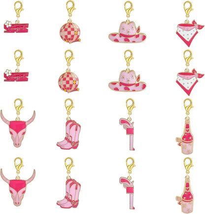 BEEFLYING 16Pcs Cowgirl Stitch Marker Charms for Crocheting and Knitting, 8 Styles Locking Pink Enemal Crochet Knit Stitch Marker Pendant with Leverback Clasp for Knitting Crocheting Accessories