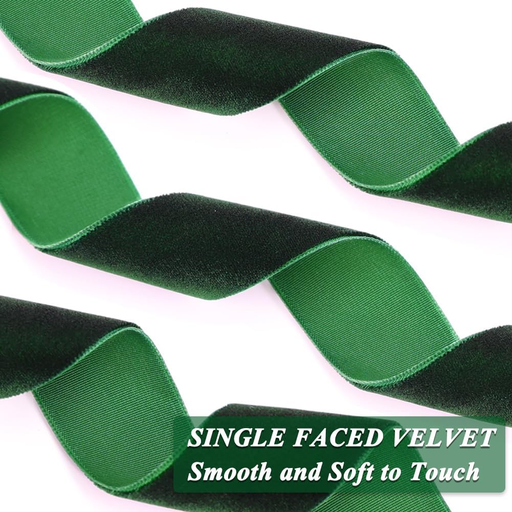 Dark Green Velvet Ribbon, 1 Inch x 20 Yards Single Faced Green Ribbon for Gift Wrapping, Bow Making, Christmas Tree Decorations, Wreath Making and DIY Crafts (10 Yards Each Roll) - Crafty Corner