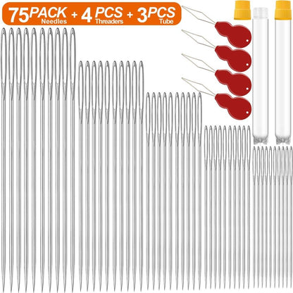 75 Pack Premium Large Eye Needles for Hand Sewing with 4 Needle Threaders, Assorted Sizes, Embroidery Needles for Hand Sewing, Sewing Needles Large Eye, Big Eye Needle