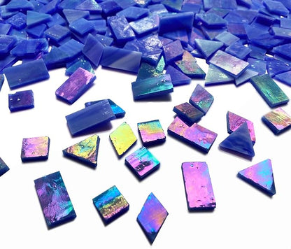 Magic Iridescent Blue Stained Glass Mosaic Tiles, 280 Pieces Mixed 4 Shapes Mosaic Glass Pieces for Crafts and Mosaic Making Projects
