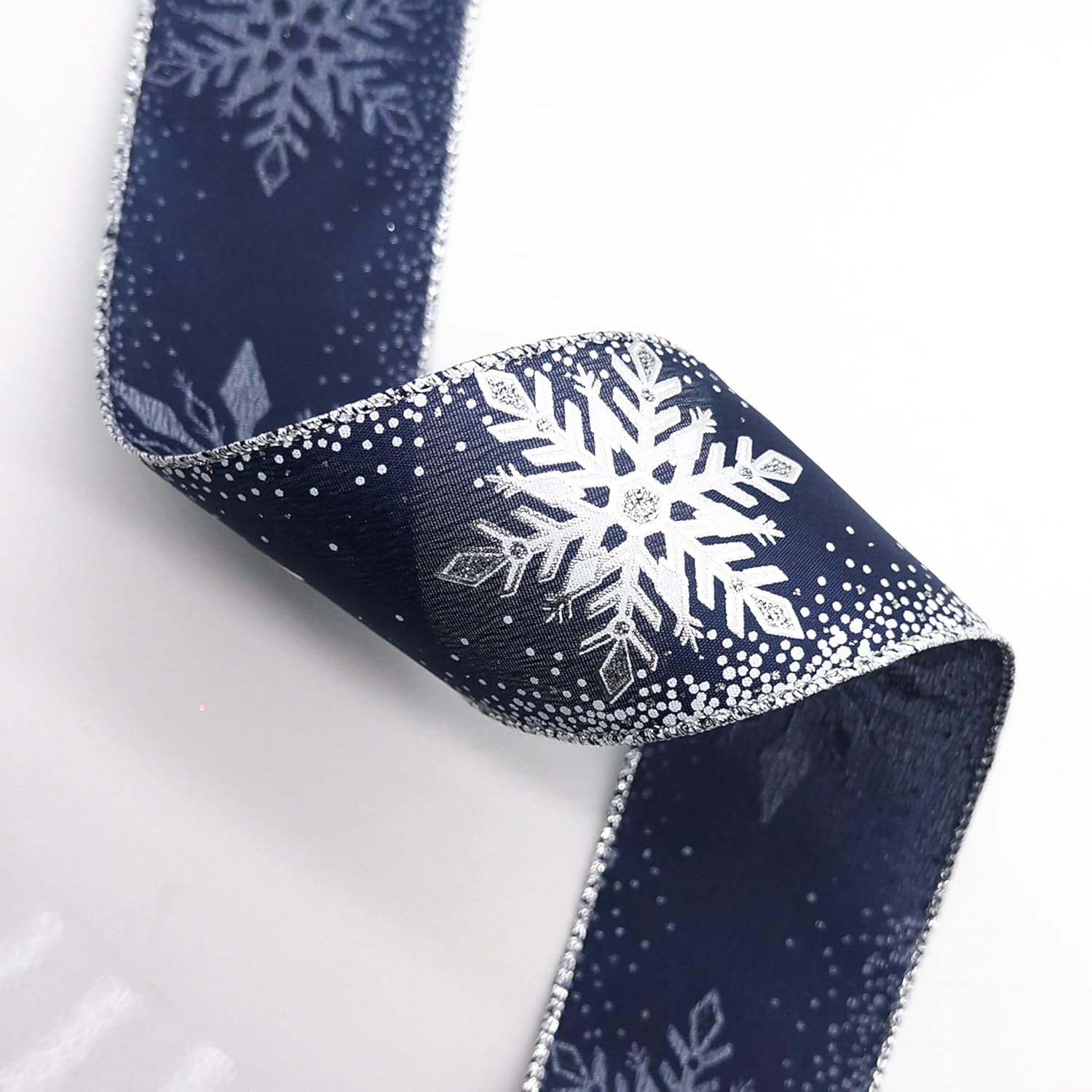 CT CRAFT LLC Navy Satin with Silver Snowflake Wired Ribbon 2.5 Inch x 10 Yards for Christmas Home Decor Tree Topper Bow Gift Wrapping DIY Crafts Wreath Garland - Crafty Corner