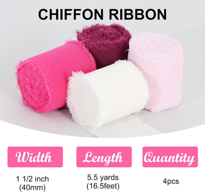 TONIFUL 4 Rolls Hot Pink Chiffon Ribbon Set 1 1/2 Inch 5.5 Yards Silk Fabric for Gift Wrapping, Wedding Party Decoration, Flower Bouquet, Bows Making, DIY Crafts - Crafty Corner