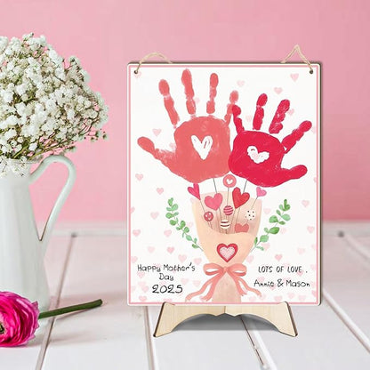Pink Floral Bouquet DIY Baby's First Mothers Day Handprint Making Sign, Mother's Day Handprint Hanging, Mothers Day Birthday Gift from Kids Toddler Baby Gift for Mom Grandma, Children Toddler Keepsake