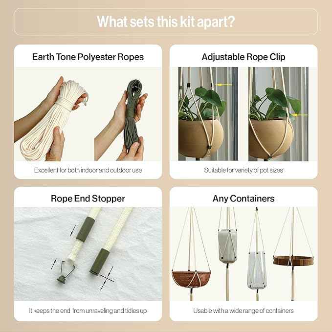 Macrame Kits for Beginners, 3 Set of Plant Hangers DIY Kit: Braided Polyester Ropes 50yds*5mm Ivory, 20yds*2mm Forest Green, 60+Pcs Supplies with Step-by-Step Easy Instructions (IVGR)