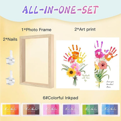 Physkoa Mom & Grandma Keepsake Gift — Handprint Flower Craft with Wood Frame — Great Grandma Gift for Birthday or Xmas— 2 Art Styles + Washable Ink Pads