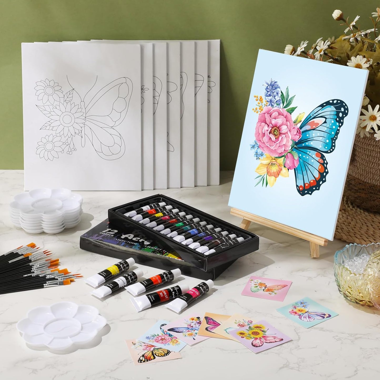 Cholemy 36 Pcs Paint and Sip Kit for Adults 8''x10'' Pre Drawn Canvas for Painting DIY Afro Acrylic Painting Kit Wood Easel Brushes Date Night Bulk for Christmas Party Gifts(Butterfly) - Crafty Corner
