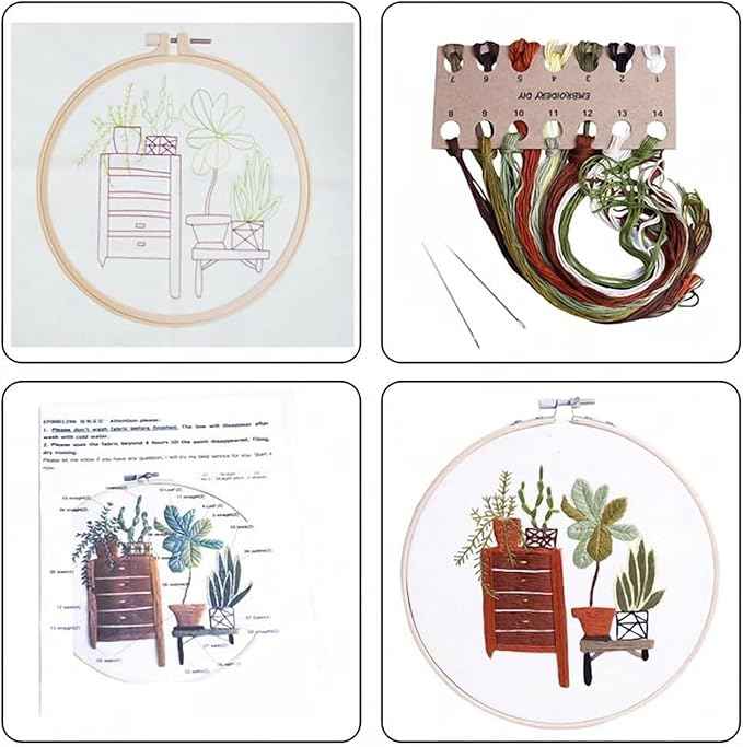 BlingBling5 Embroidery Kits for Adults Full Range of Starter Including Instructions Stamped Cloth with Pattern Hoop Color Threads and Tools Punch Needle Kit(Green Plants)