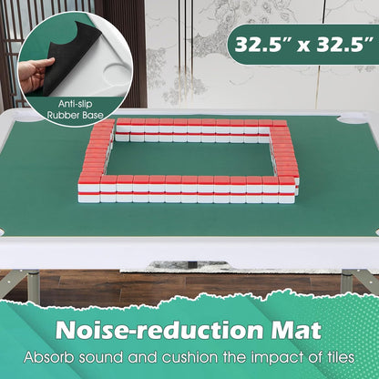 Giantex Folding Mahjong Table, 35" Square Card Table with Cup Holders, Removable Noise Reduction Mat, HDPE Tabletop, 4-Player Portable Domino Tables for Poker Blackjack Board Game (Pure Green)