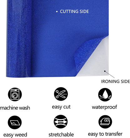 FUNKAKA Glitter Royal Blue HTV Heat Transfer Vinyl Rolls, 12" x 8ft PU Iron on Vinyl for T-Shirt Royal Blue Glitter HTV Vinyl for All Cutter Machines Easy to Cut & Weed for Heat Vinyl Design