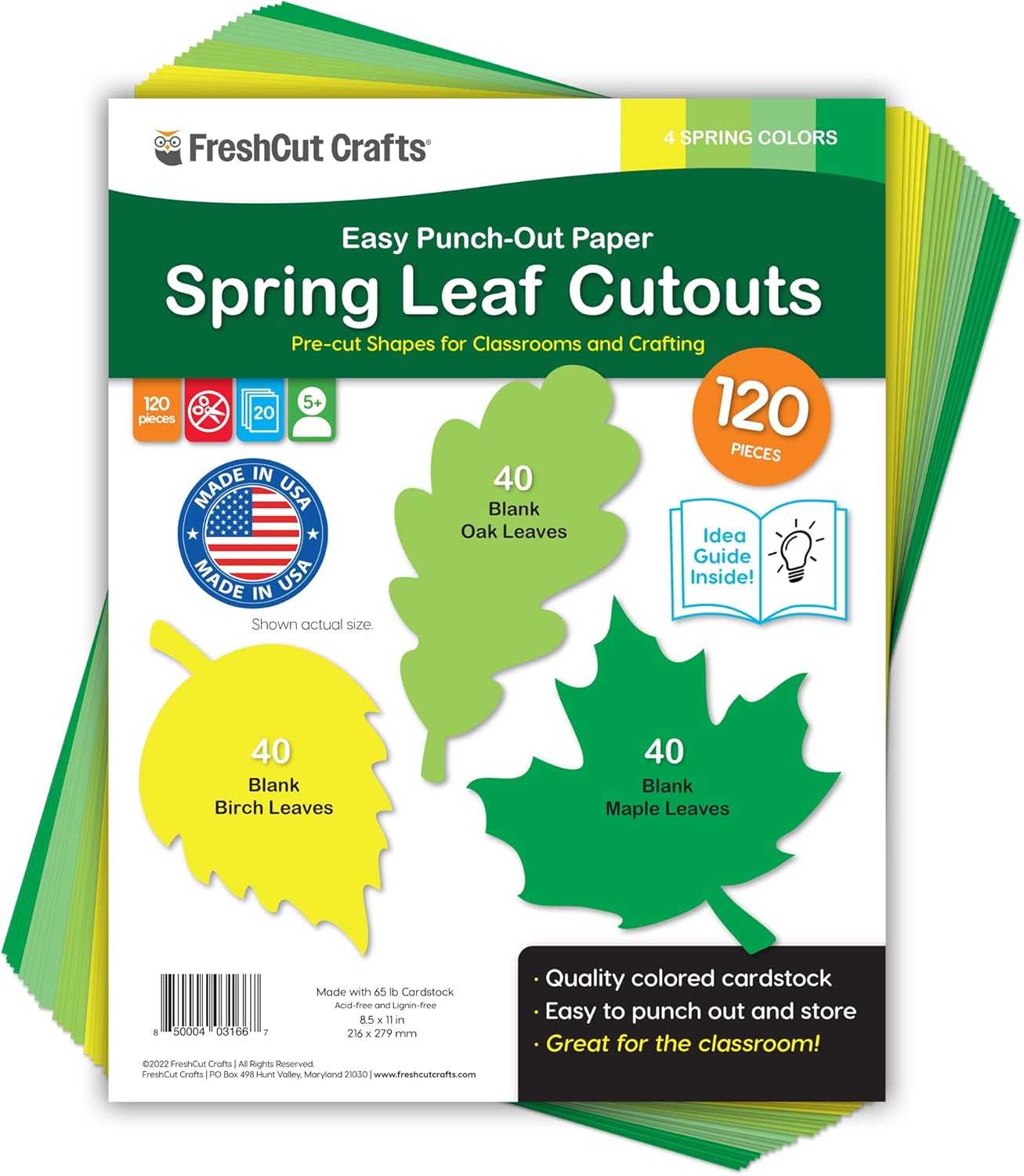 120 Pieces Spring Leaf Paper Cutouts with IDEA Guide, 2-Sided US Made Card Stock Punch Out Maple, Oak, and Birch Leaves for Bulletin Boards, Classroom Decor, Spring Crafts, DIY Scrapbook, and Posters - Crafty Corner
