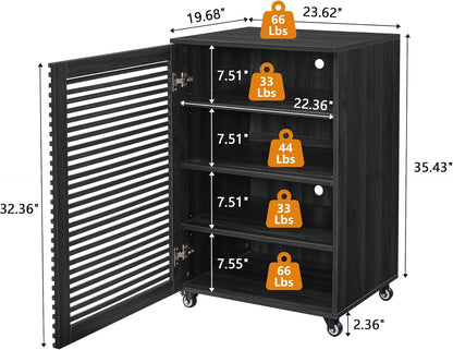 LEVNARY 5-Tier AV Media Cabinet with Grille Door & Adjustable Shelves, Modern Wooden Stereo Rack with Cable Management & Wheels, Audio Video Stand for Living Gaming Room Recording Studio (Black)