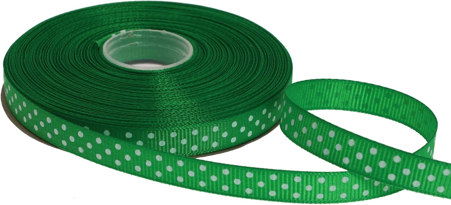 Polka Dot Grosgrain Ribbon 25 Yard Each Roll 100% Polyester (3/8", Green) - Crafty Corner