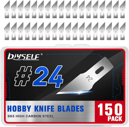 DIYSELF 150 PCS Hobby Knife Replacement Blades, #24 Sharp Exacto Knife Blades, Hobby Knife Blade Refills with Storage Case, High Carbon Steel Exacto Blades for Craft, Scrapbooking, Stencil (#24）