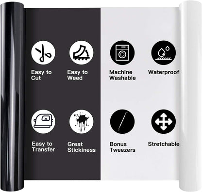 HTVRONT Heat Transfer Vinyl Rolls - 2 Pack 12" x 8ft Black and White HTV Vinyl for Shirts, Iron on Vinyl for All Cutting Machine - Easy to Cut & Weed for Heat Transfer Design (Black and White)