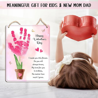 DIY Baby's First Valentine's Day Pink Flower Handprint Hanging Sign, Kids First Valentine Handprint Art Craft Keepsake Gifts for New Mom Dad, My 1st Valentine Crafts, Baby Milestone Announcement Props