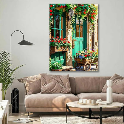 Paint by Numbers Kit for Adults Framed, European Cottage Door with Blooming Roses, DIY Oil Painting, Pre-Printed Canvas Wall Art Home Decor Gift, 20x24inch Framed, 24 Colors