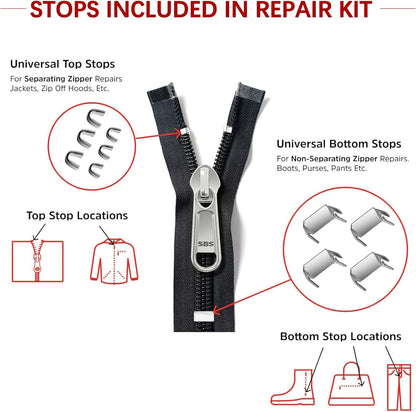 Zipper Repair Kit (188 Pcs) - Universal Fixer for Luggage, Backpacks, Jackets, Coats & Boots Includes #3#5#8#10 Sliders, Zipper Pull Replacement, Stops & Repair Tool（Non-YKK Compatible）