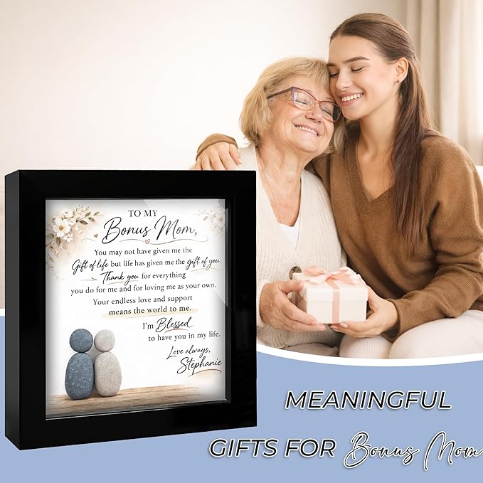 Personalized 2nd Mom Gift Pebble Art Frame, Custom To My Bonus Mom Wooden Family Plaque, Stepmom Mother’s Day & Birthday Gifts for Mother, Women, Family Name Sign Home Decor Keepsake