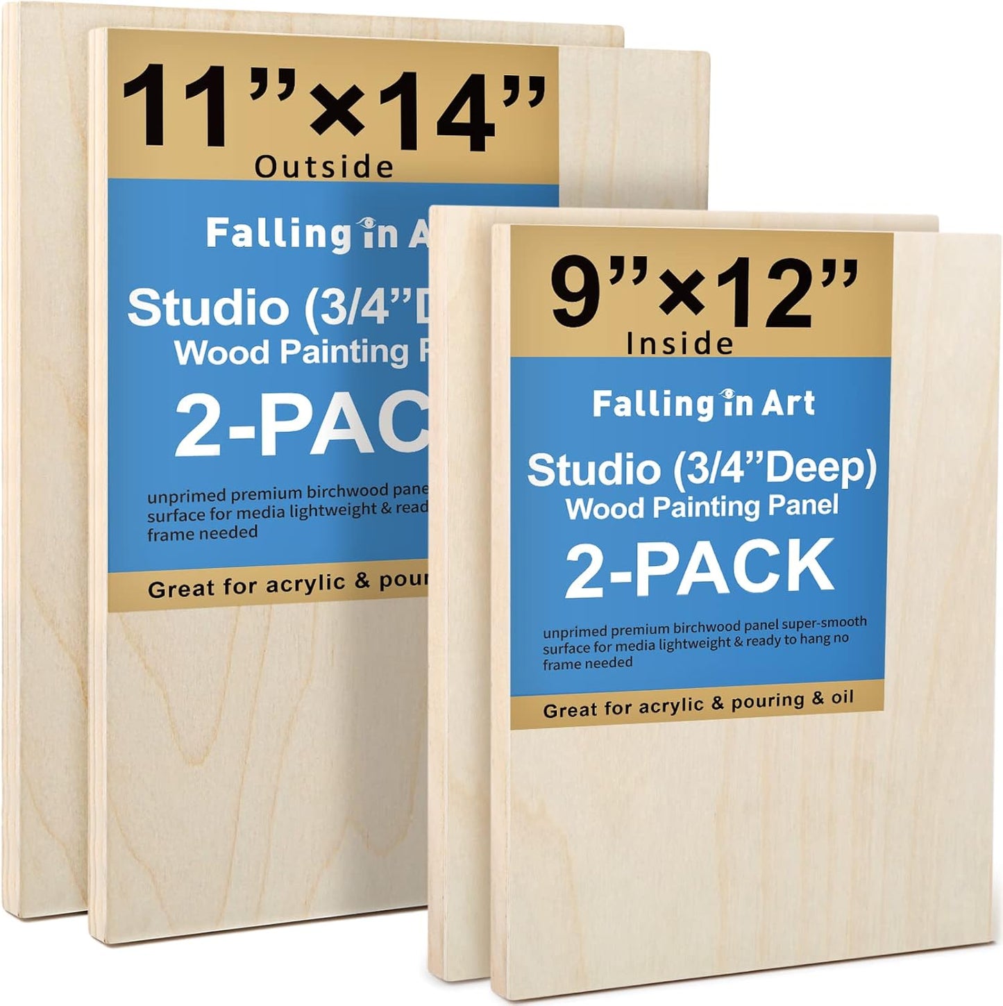 Falling in Art Unfinished Birch Wood Canvas Panels Kit, 4 Pack of 2 Sizes 11x14' and 9x12' Studio 3/4’’ Deep Cradle Boards for Pouring Art, Crafts, Painting, and More