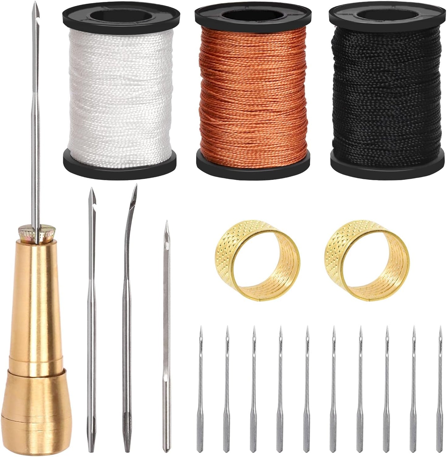 Swpeet 19Pcs Portable Canvas Leather Sewing Awl and Needle Kit With Nylon Waxed Cord Thread Thimble Assortment, Copper Handle Tools for Leather, Shoe and Repair