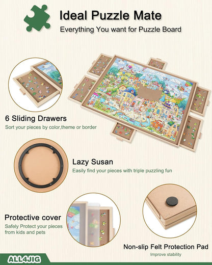ALL4JIG 1500 Pieces Rotating Puzzle Board with 6 Drawers and Cover,25"x34"Portable Wooden Jigsaw Puzzle Table for Adults,Lazy Susan Spinning Puzzle Boards Birthday Gift for mom