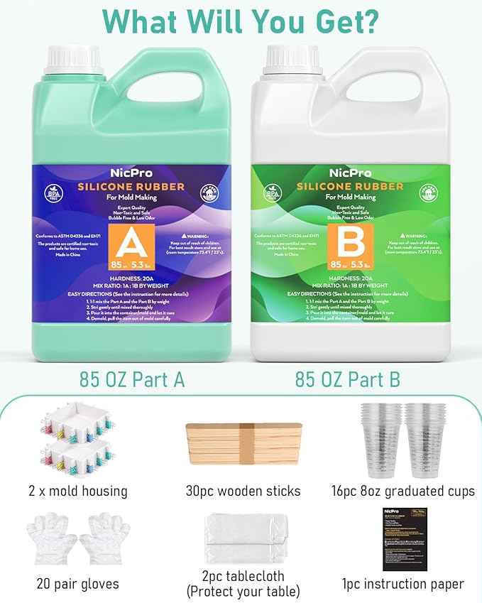 Nicpro 170oz Silicone Mold Making Kit, 20A Platinum Liquid Silicone Rubber, Jade Green Flexible, Silicone Molds Maker Mix Ratio 1:1 for Casting 3D Resins Molds DIY with 2PCS Molds Housing, Mixing Cups