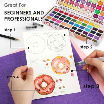 Grabie 100 Colors Watercolor Paint Set - 50 Regular, 35 Metallic, 10 Macaron and 5 Fluorescent Colors - Portable with Carrying Case, Water Brush Pens, and Accessories - For Beginners and Professionals