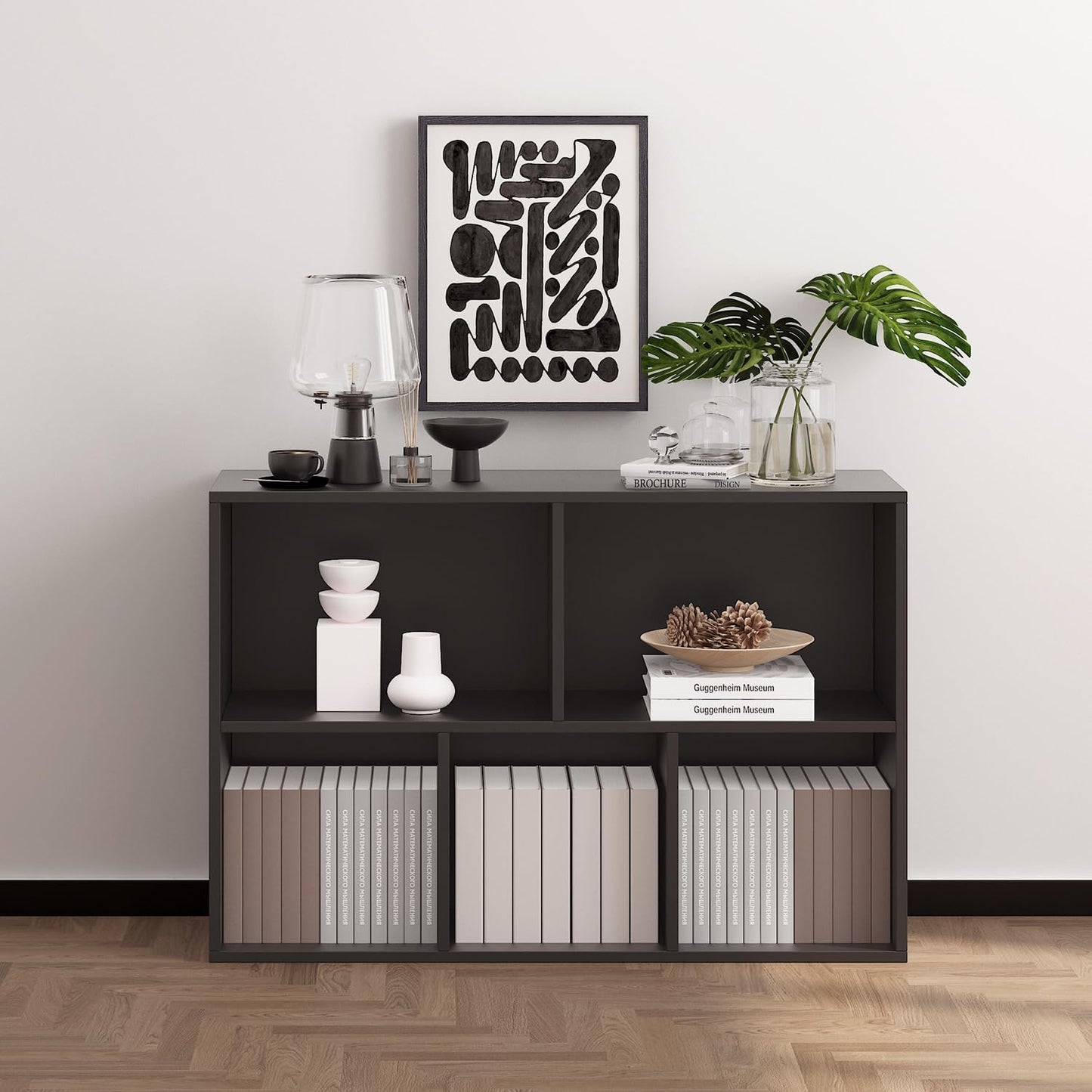Wooden 5 Cube Storage Organizer with Closed Back Panel, Black Cube Shelf Heavy Duty Cubby Storage Organizer with Compartments for Living, Display Shelf