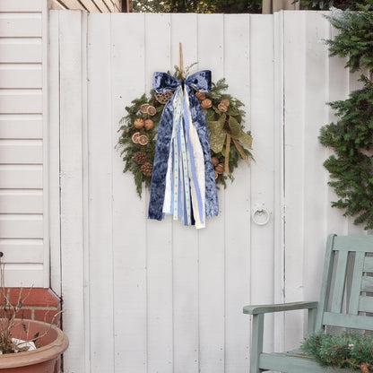 Large Blue Velvet Ribbon Bow for Wreath, Vintage Solid Fabric Ribbons Set Assorted Lace Ribbons Blue White Clip-On Wreath Sash Ribbon Bundle for Winter Christmas Home Indoor Outdoor Decor - Crafty Corner