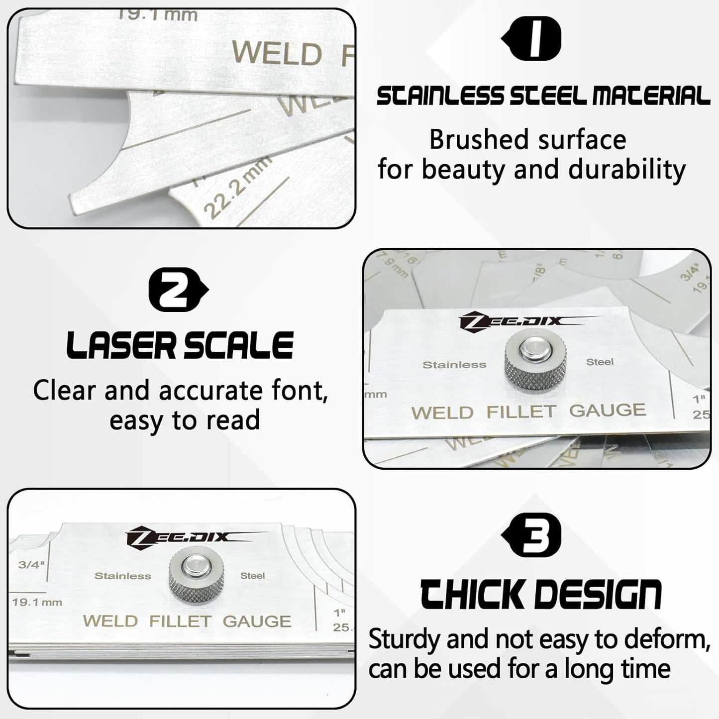 ZeeDix Metal Fillet Weld Gauge Set, Stainless Steel Welding Inspection Gauge Tool(1/8" - 1") Ulnar Metric & Inch