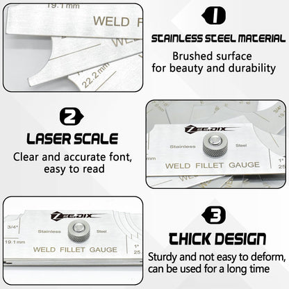 ZeeDix Metal Fillet Weld Gauge Set, Stainless Steel Welding Inspection Gauge Tool(1/8" - 1") Ulnar Metric & Inch