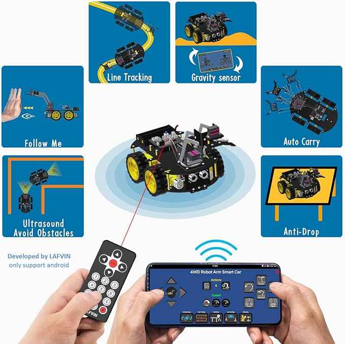 LAFVIN Mechanical 4WD Robot Arm Smart Car Kit - STEM/Graphical Programming Robot Car Compatible with Arduino IDE - Tutorial Included