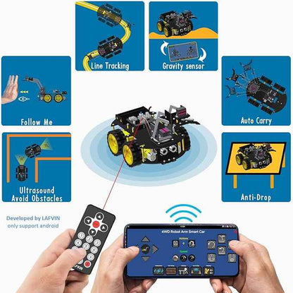 LAFVIN Mechanical 4WD Robot Arm Smart Car Kit - STEM/Graphical Programming Robot Car Compatible with Arduino IDE - Tutorial Included