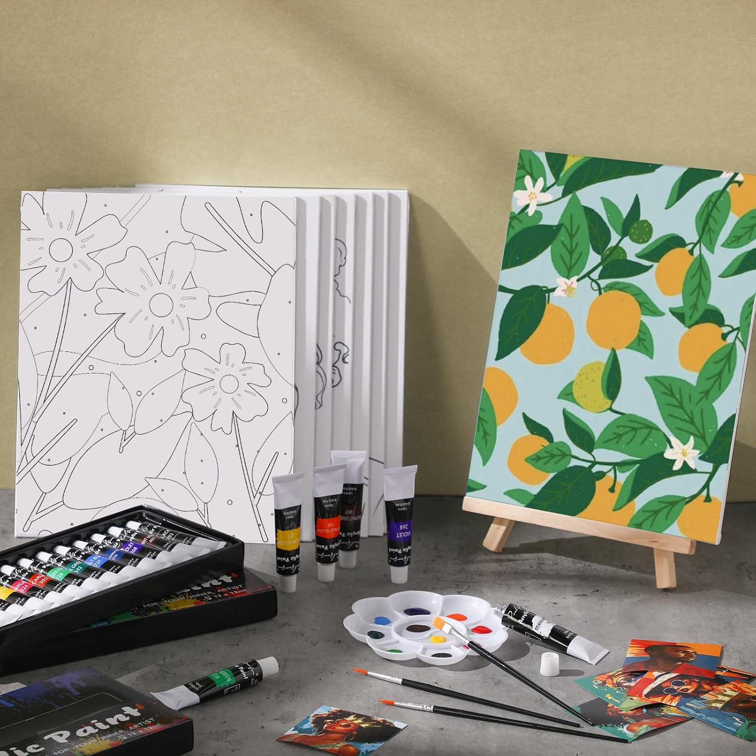 Cholemy 36 Pcs Paint and Sip Kit for Adults 8''x10'' Pre Drawn Canvas for Painting DIY Afro Acrylic Painting Kit Wood Easel Brushes Date Night Bulk for Christmas Party Gifts(Flowering) - Crafty Corner
