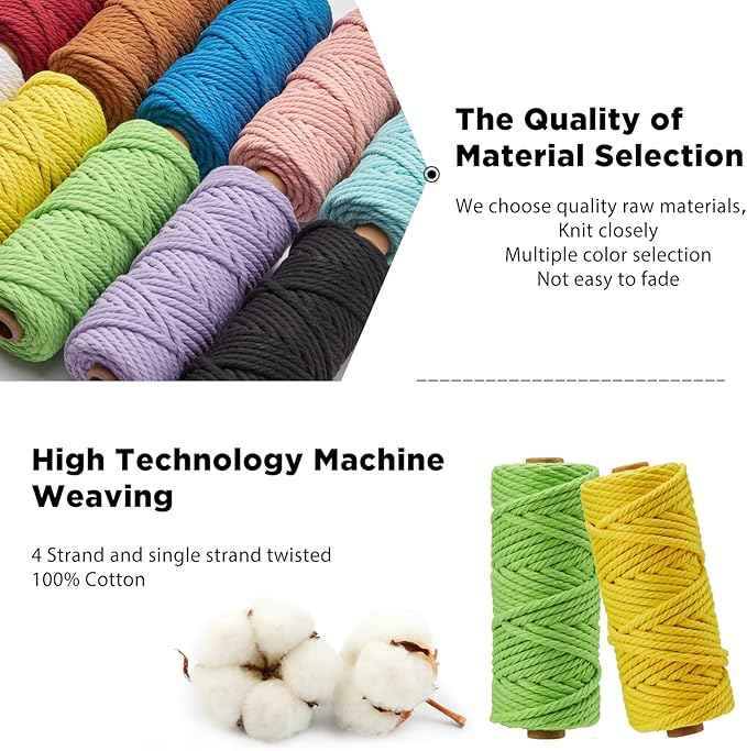 PHUNTTEK 5mm Macrame Cord, 12 Colors Kit Cotton Cord Supplies 4 Strands Colored Yard Twine String for Crafts Rope Large Wall Hanging Projects DIY Plant Hanger