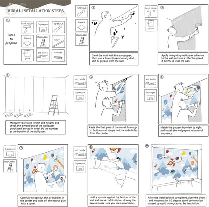 AFZEVEB-Space Mural Hand-Painted Cartoon Wallpaper for Kids Room 136"x96"(Not Peel and Stick)
