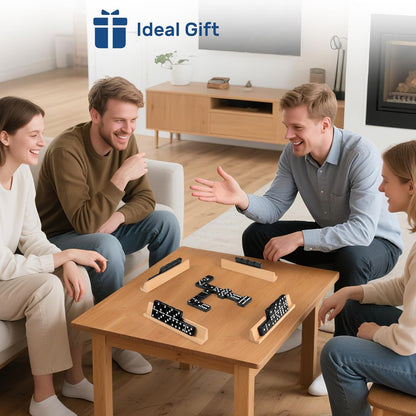 Dominoes Set for Adults with 4 Wooden Racks/Trays, Double Six Dominoes Travel Set with Portable Case Double 6 Dominoes Set with 4 Tiles Holders, 28 Tiles Dominos Set for Family Board Games - Black