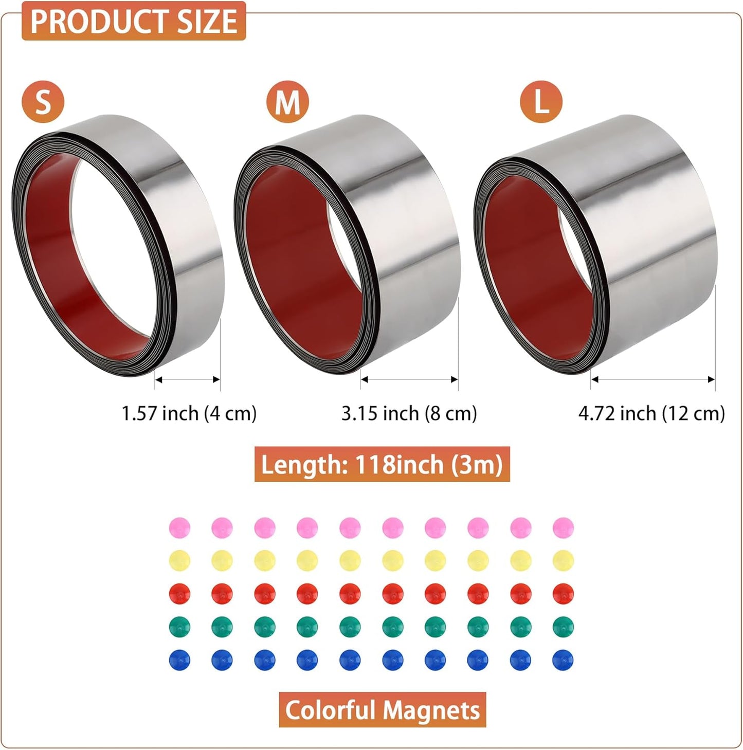 Self Adhesive Backing Metal Strip for Magnets, Flexible Ferrous Memo Tapes Roll for Bulletin Boards in Studio, Office, School (Glossy Silver, 118''L x 1.57''W, Contains 30 Magnets)