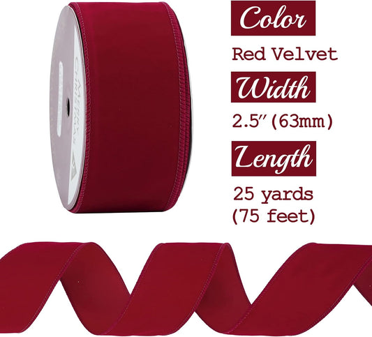 MEEDEE Red Velvet Ribbon - 2.5 Inch Wide, Wired, 25 Yards Spool - Velvet Christmas Ribbon for Tree, Wreaths, Bows - Crafty Corner