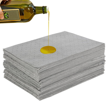 100 PCS Oil Absorbent Pads, 16.5" x 12.6" x 2mm Universal Spill Absorbent Pads Heavy Weight Absorbent Mat Pads for Absorbing Water, Oil, Grease, Coolant, and Other Fluids (Gray)