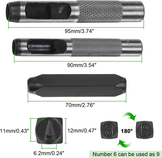 HARFINGTON 36pcs Metal Stamping Kit 25/64" (10mm) (A-Z, 0-8, "&" Symbol) Steel Letter Punch Press Tool with Hole Punch to Stamp on Metal, Plastic, Wood, Leather, Black