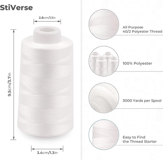 Serger Thread Cones 4 Pack of 3000 Yards Each, All Purpose White Sewing Thread, Polyester Thread 40S/2 White Thread for Sewing Serger&Overlock, Quilting, Piecing, Sewing Machine