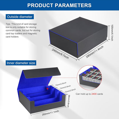 Card Storage Box for Trading Cards，2400+ Leather Magnetic Closure Commander Storage Box,Protectors Fit for YuGiOh, MTG and Sport Cards (Black, gray, 2400+)