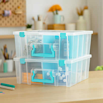 ArtBin 6990RH-AMZ Super Satchel Double Deep Compartment Box - Art Storage with 8 Removable Compartments, Smart Closure for Craft Supplies (Aqua- Pack of 3)