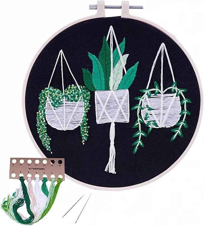 ZQB Haven Needle Point Kits Adults Full Range of Starter Including Instructions Stamped Cloth with Pattern Hoop Color Threads and Tools Art Projects(Cactus Green Plants)