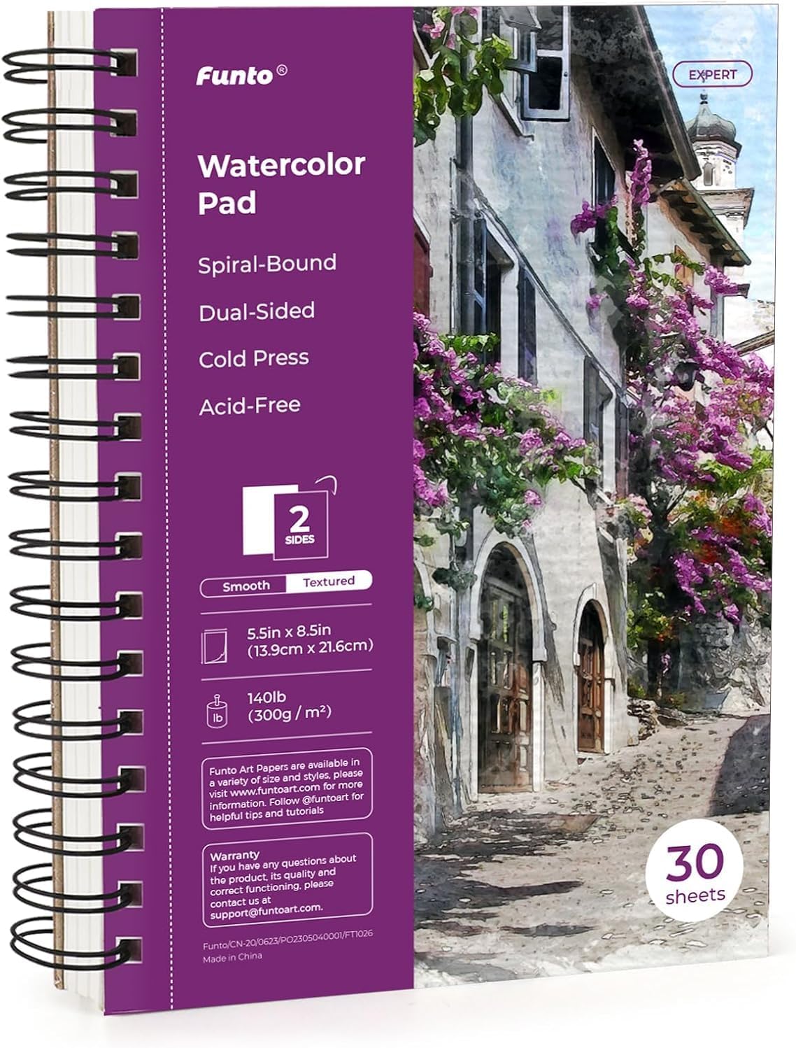 Funto Watercolor Pad 5.5x8.5, 30 Sheets, 140lb/300gsm, Double-Sided Cold Press, Spiral Bound, Heavyweight Paper for Watercolor Painting - Crafty Corner