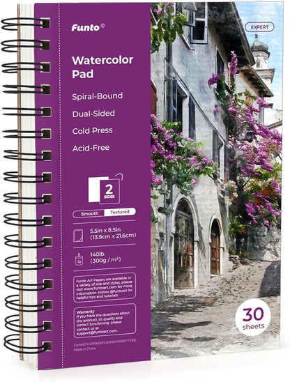 Funto Watercolor Pad 5.5x8.5, 30 Sheets, 140lb/300gsm, Double-Sided Cold Press, Spiral Bound, Heavyweight Paper for Watercolor Painting - Crafty Corner