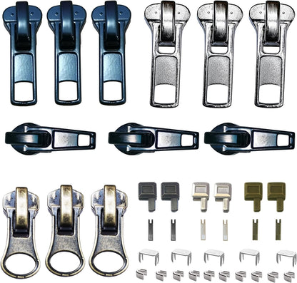 Zipper Repair Kit 39 Pcs, #5 Sliders with Pull, Metal Zippers Retainer Box,Insertion Pin 6 Sets, Replacement Zip Bottom/Top Stop, Metal, Plastic, Nylon Coil Zippers Head FIx on Jaceket