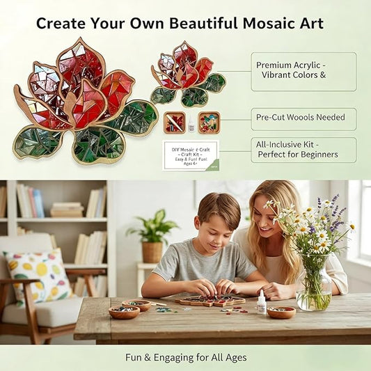 TATREBCRE DIY Mosaic Kit for Adults – Feather, Bird, Cat & Heart Designs – Christmas Gift Arts and Crafts Kit with Grout & Tools – Easy Mosaic Craft for Beginners (Red Flower)